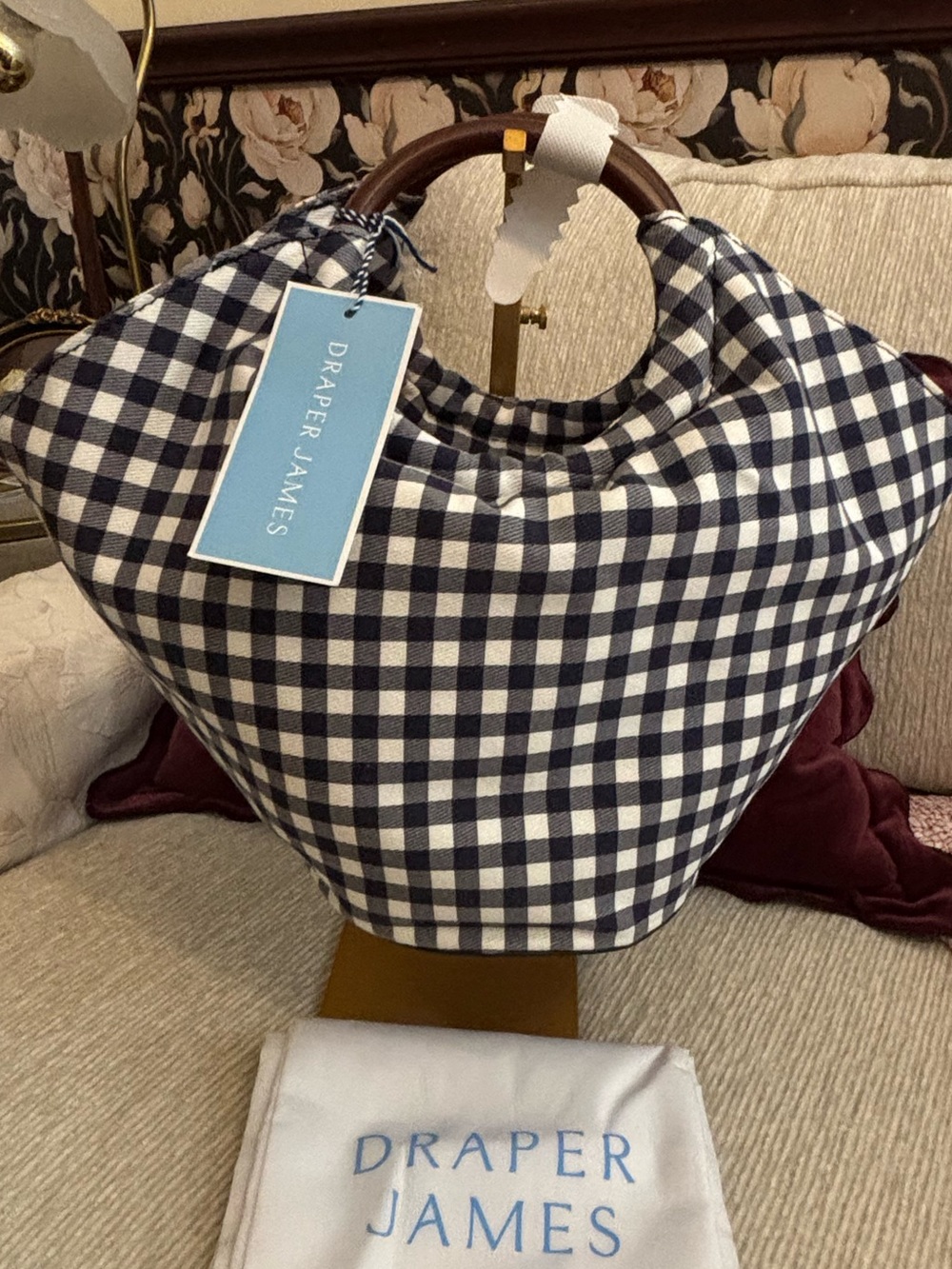 Draper James Paige Tote Navy Gingham Wood Handle NWT Dust Bag